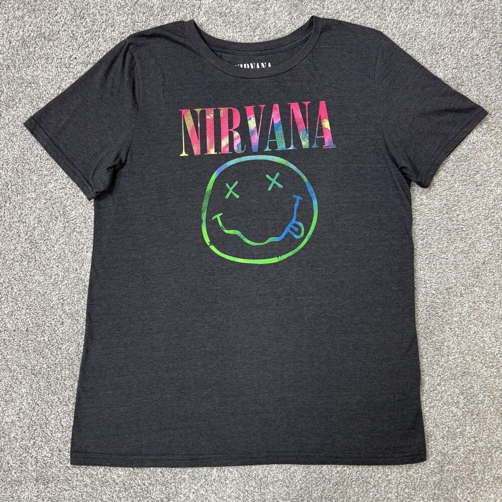 Nirvana Shirt Womens XXL Gray Rainbow Smiley Face Logo Graphic Band Tee Rock